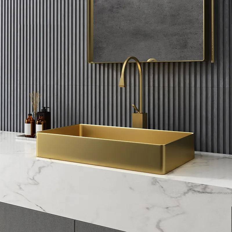 Golden rectangular stainless steel countertop basin Light luxury wash basin Single basin Nordic black wash