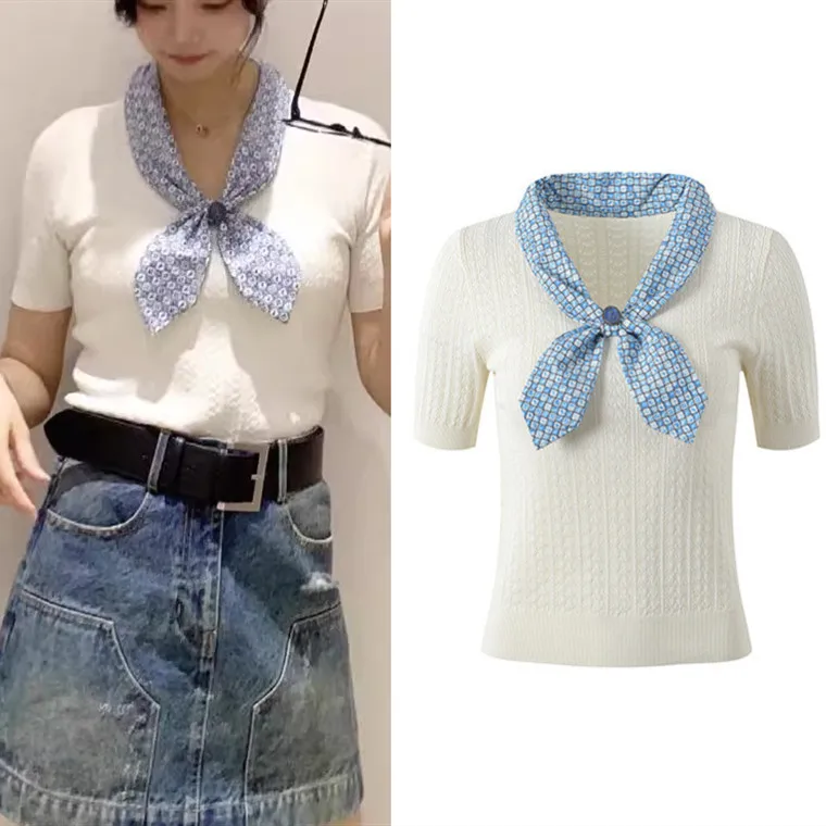 

High-End European Sle Nautical Collar Splice Hollow out Slim Fit ort Sve Silk Scarf Knitted Top for Women Summer New A...