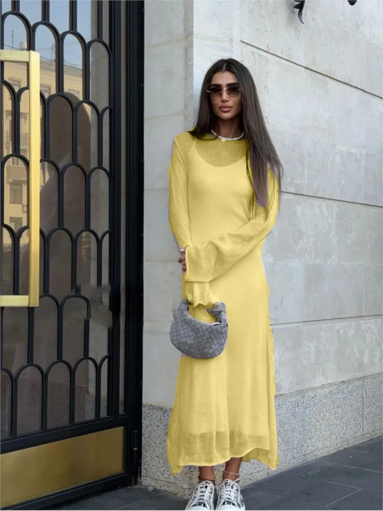 Elegante vestido halter de cor sólida conjunto de duas peças primavera outono senhoras moda transparente recorte vestido longo feminino vestidos finos