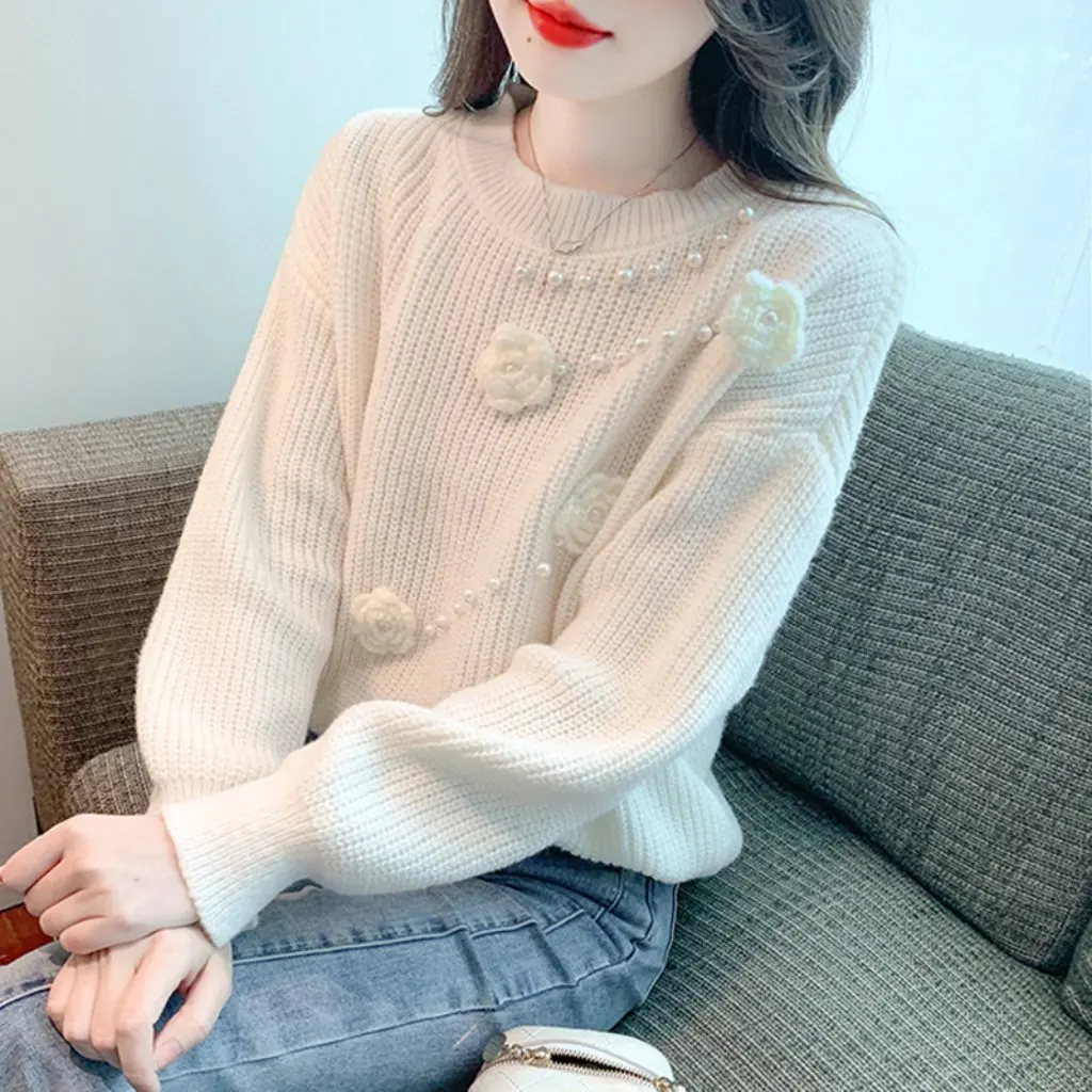 

Women's Long-Sleeved Crewneck Sweater Korean Style Solid Color Beaded Base All-Match Autumn Winter Simple Beaded Top