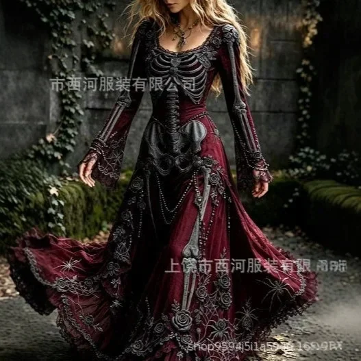 Women's Gothic Skull & Rose Maxi Dress – detail image 3