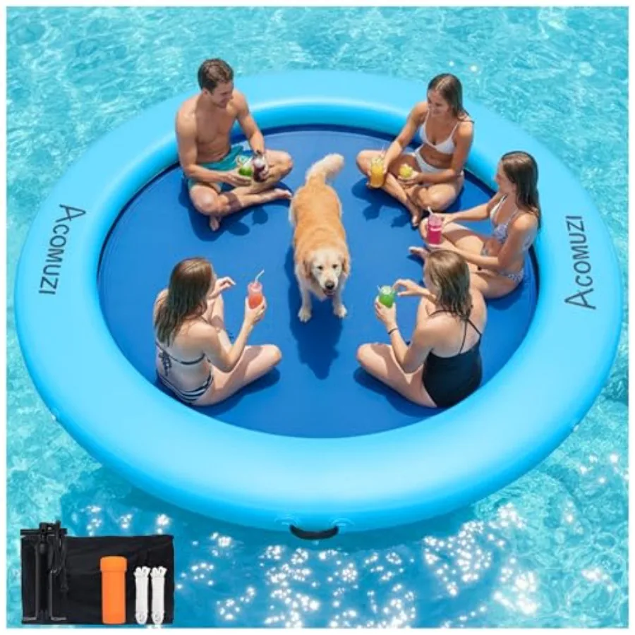 Water Hammock Inflatable Floating Dock for lakes and oceans, heavy-duty PVC, blue, ultra-stable round design with reinforced se