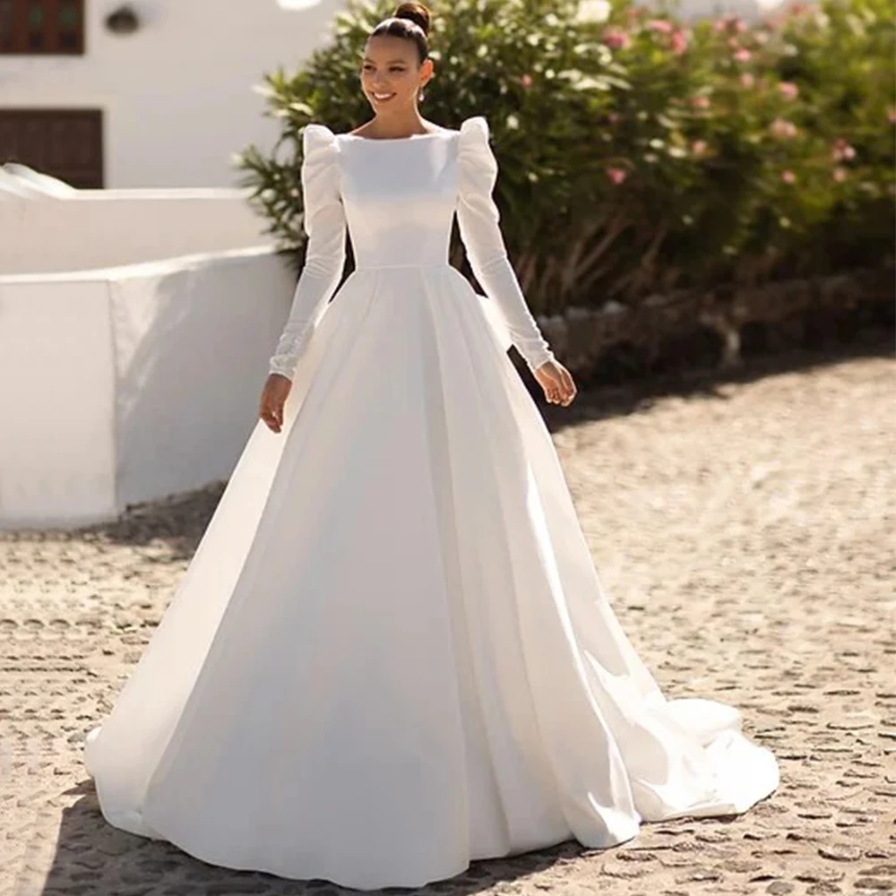 

Simple Scoop Neck A-Line Wedding Dress Puff Long Sleeve Princess Open Back with Pocket Sweep Train Bridal Floor Length Gowns