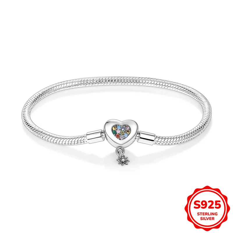 

Original Bracelet 925 Sterling Silver 17-20CM Colorful Zirconium Heart Bracelet Fit Charms Beads Fashion Women Jewelry