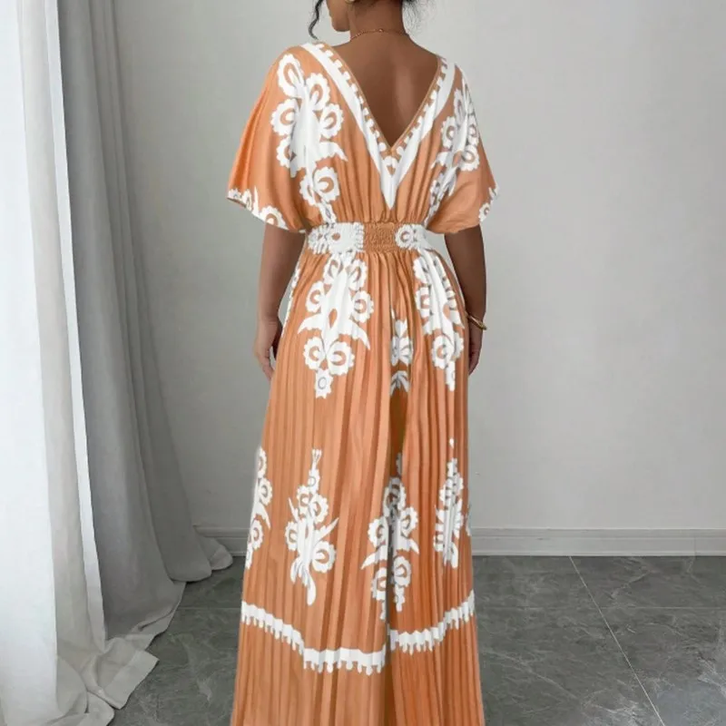 Tuta con pantaloni larghi a maniche corte stampata casual alla moda con scollo a V sexy per la nuova tuta a vita alta da donna primavera estate