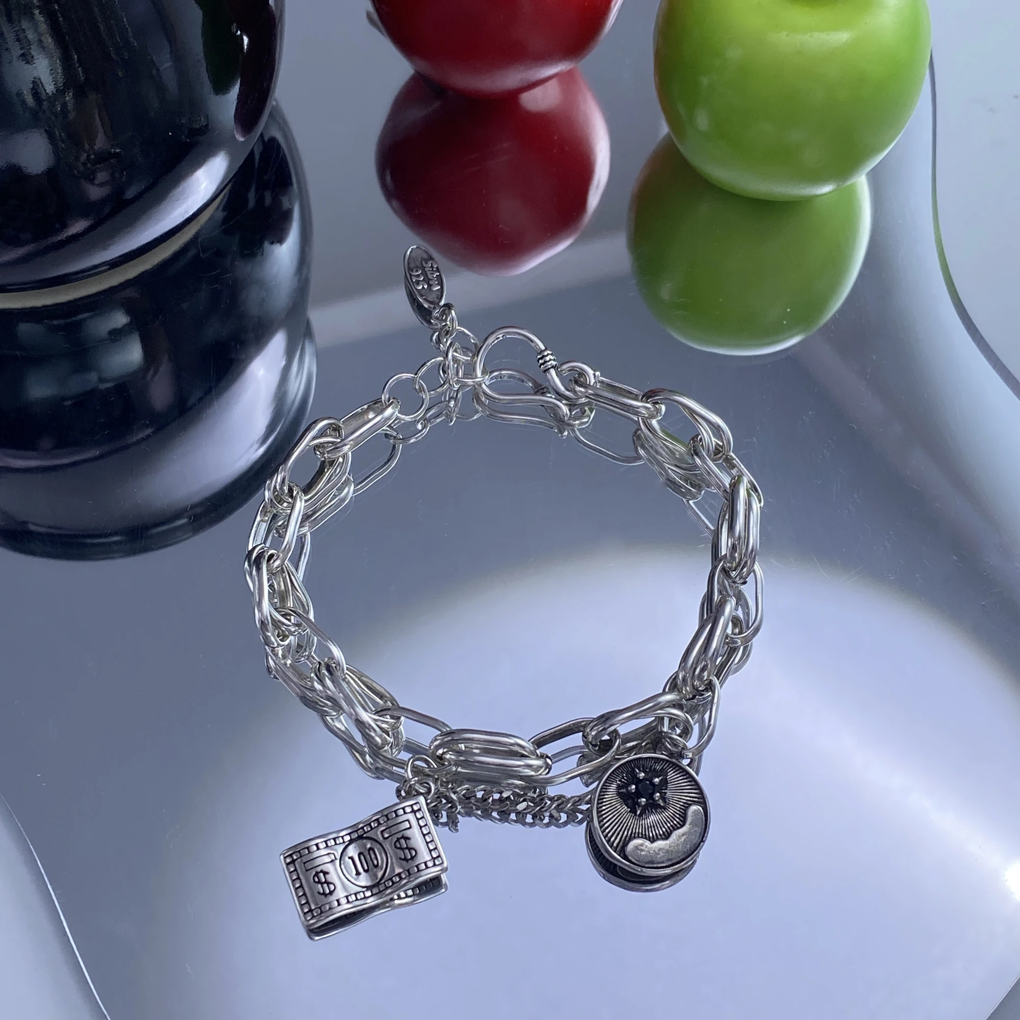 

PANJBJ 925 Sterling Silver Geometry Stars Bracelet for Women Zircon Hiphop Chain Vintage Dollar Jewelry Gift Dropshipping