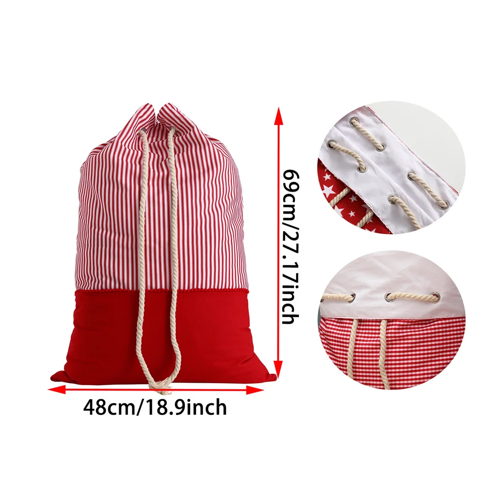 Large Christmas Santa Sack Polka Dot Stripe Plaid With Pom Pom Drawstring Personalized Xmas Oversized Canvas Gift Bag