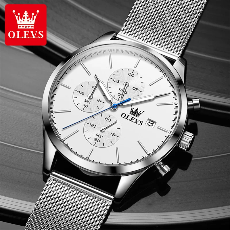 OLEVS Men Watch Chronograph Sports Quartz Mens Watches Silver Mesh Belt Date Luminous Waterproof Wristwatch Men Relogio