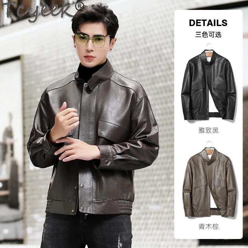 Tcyeek Genuine Leather Man Jackets Casual Sheepskin Leather Jacket Men Short Style Spring Autumn Clothes Semi Vegetable Tanning