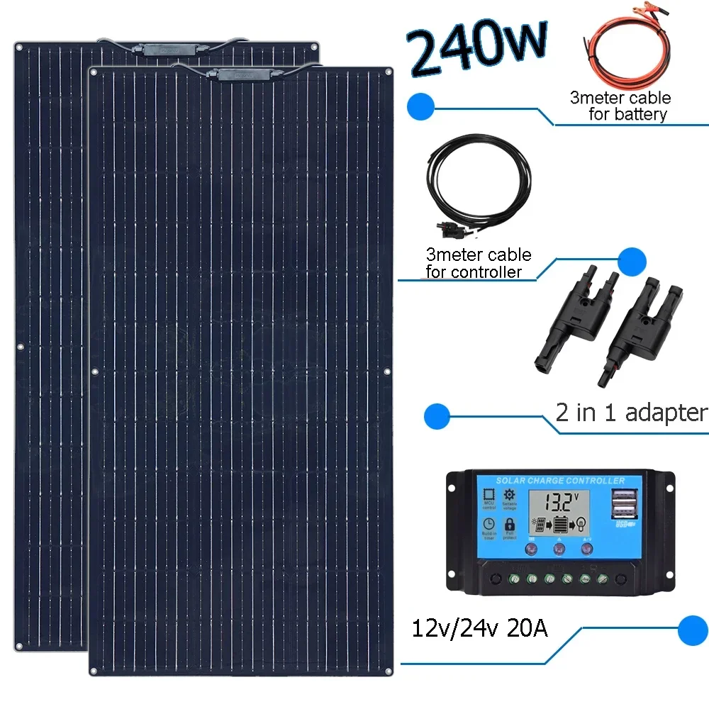 

Solar Panel 12v 240w 20A Solar Charger Controller Photovoltaic Kit Home System for Battery Car RV Boat Camper Caravan Camping PV