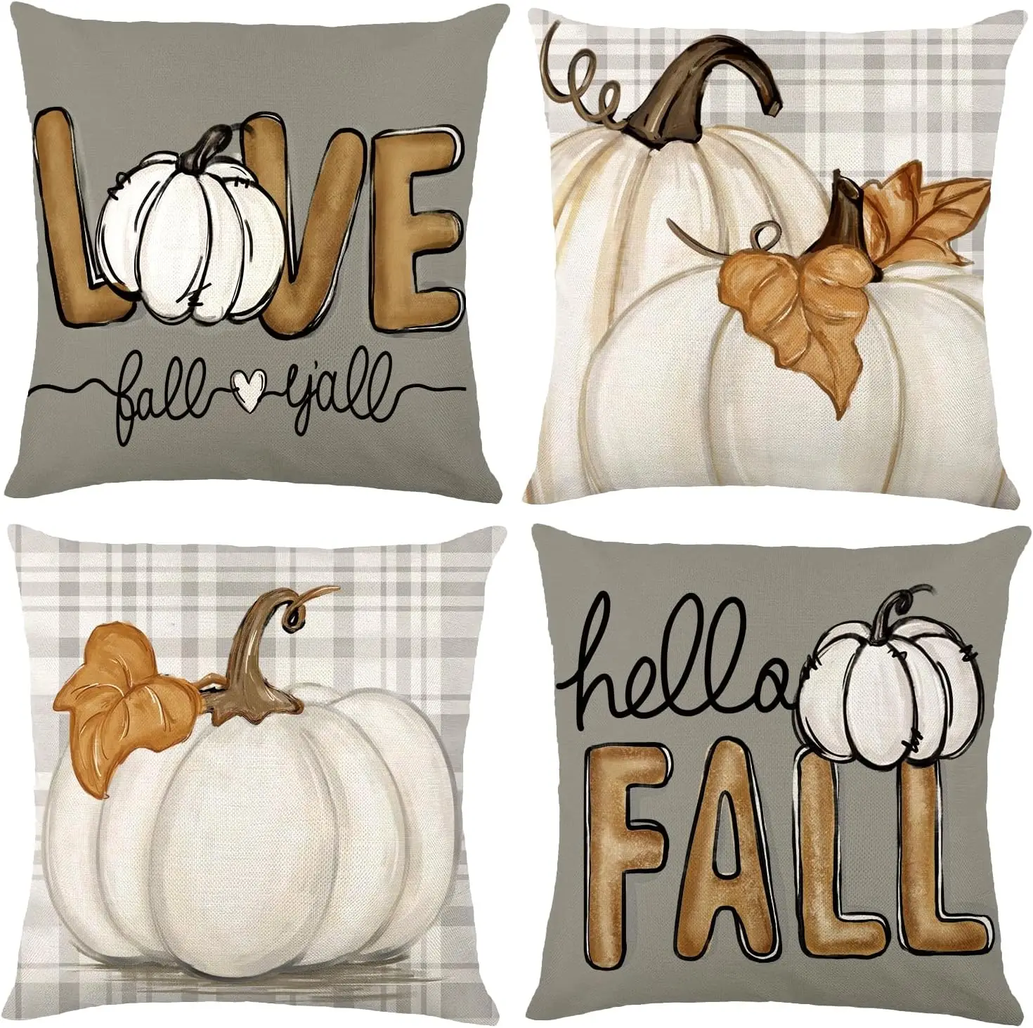 Fall Pumpkin Throw Pillow Covers of 4, Maple Leaves Love Autumn Thanksgiving Harvest Cushion Case for Home Sofa Couch Decor