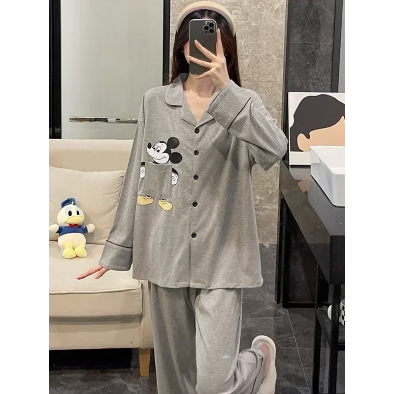 Disney Mickey Mouse Autumn Cotton Cartoon Long Sleeve Pants Two-piece Loungewear Women\'s Pajamas Silk Pajamas Women\'s