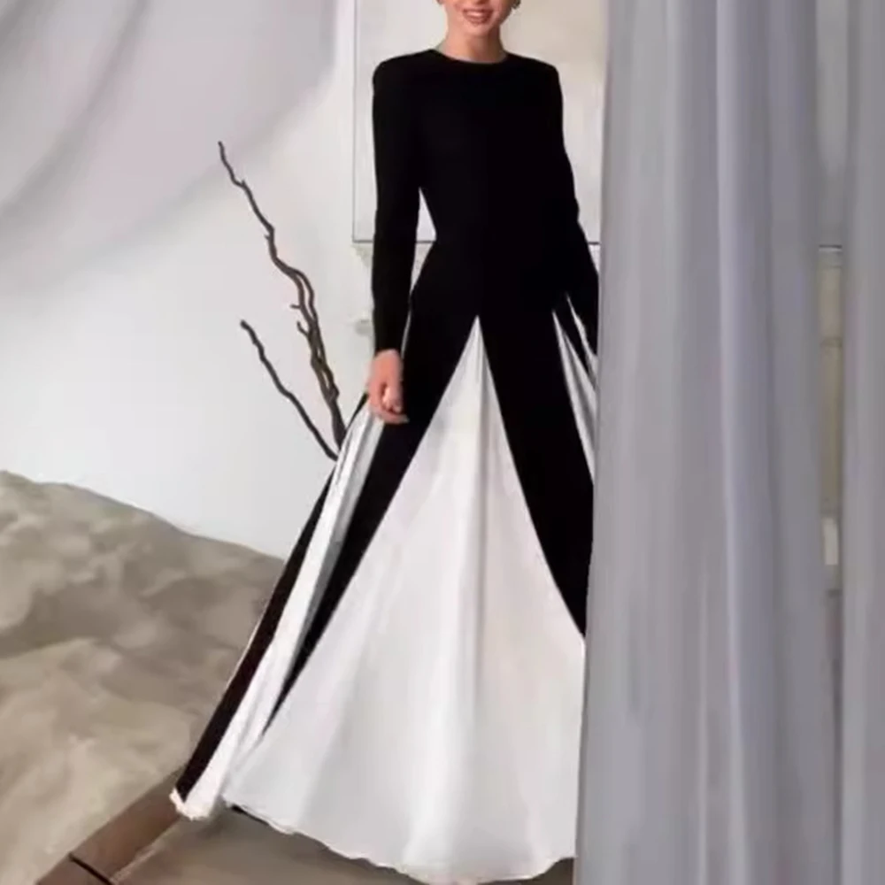 VGH Hit Color Temperament Slimming Dresses For Women Round Necck Long Sleeve High Waist Elegant Long Dress Female Fashion New