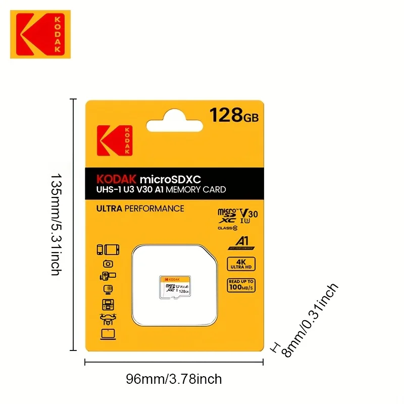 Kartu memori Kodak Micro SDCC/SDHC 32GB-256GB, performa tinggi cocok untuk penyimpanan ponsel, kamera, dan komputer