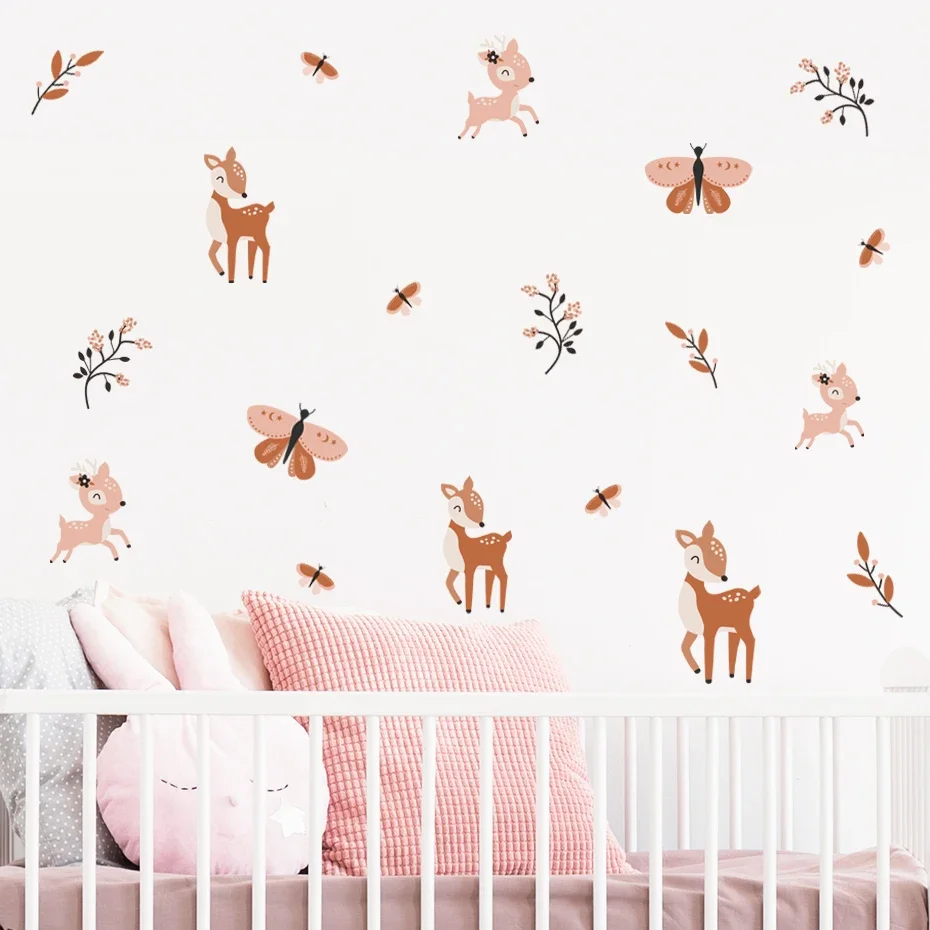 Boho Cartoon Wildflowers Woodland Animal Nursery Decor Watercolor Vinyl Wall Decals Print Kids Girls Room Interior Home Decor