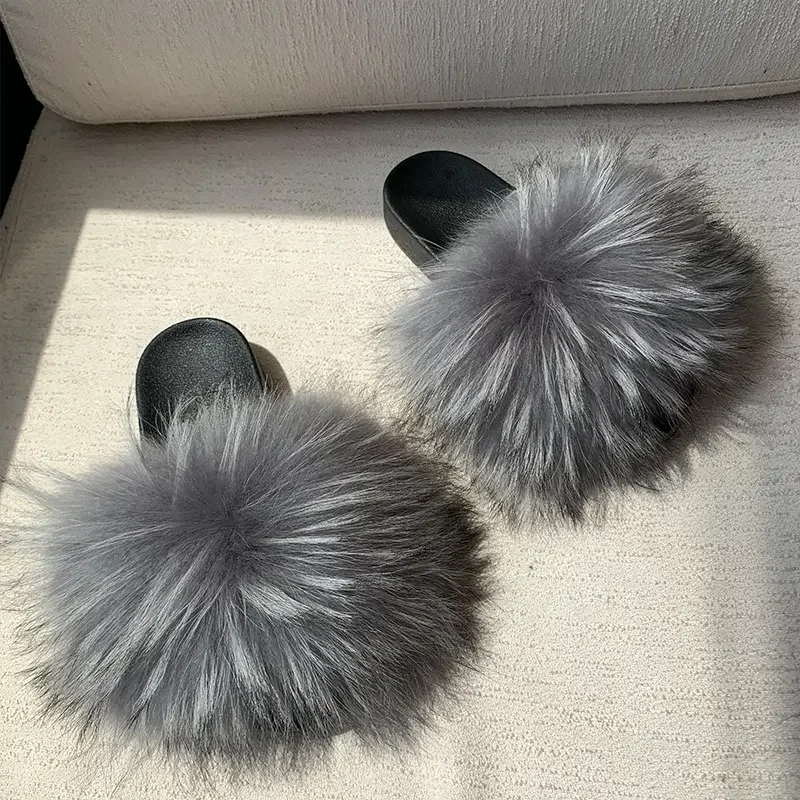 Hot Sale Trend Wholesale Ladies Custom Fur Furry Fluffy Sandals Plush Real Fur Women Fox Slippers Slides Shoes Flip Flops Vendor