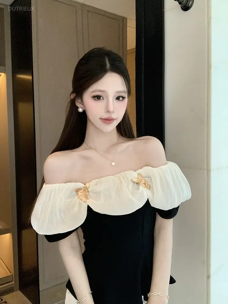 Sexy Slash Neck Off Shoulder Bow T-shirts Summer New Slim Fit Black Tee Shirt 2026 New All-match Casual Top For Women