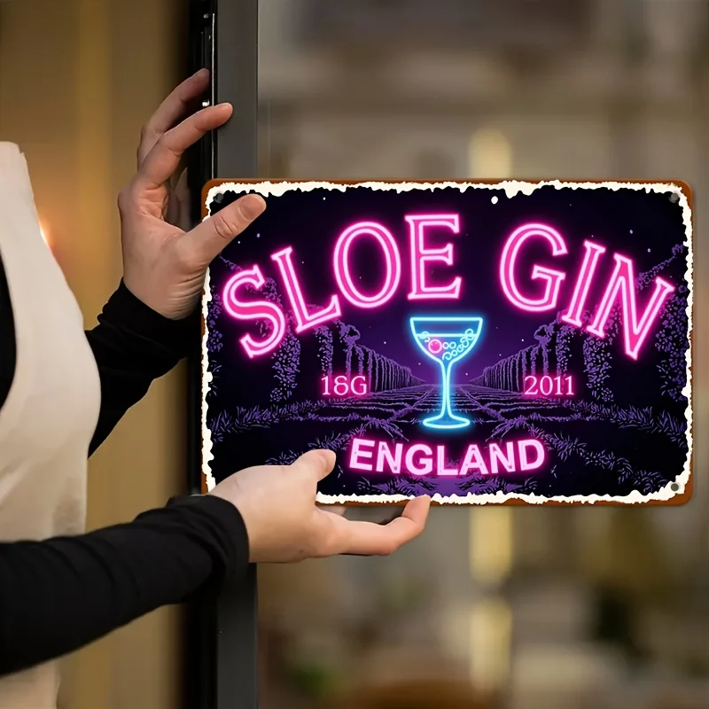Rectangular Iron Sign - Retro Sloe Gin Neon Bar Decor Plaque, British Pub-Themed Metal Wall Art for Bars, Cellars, Cafes
