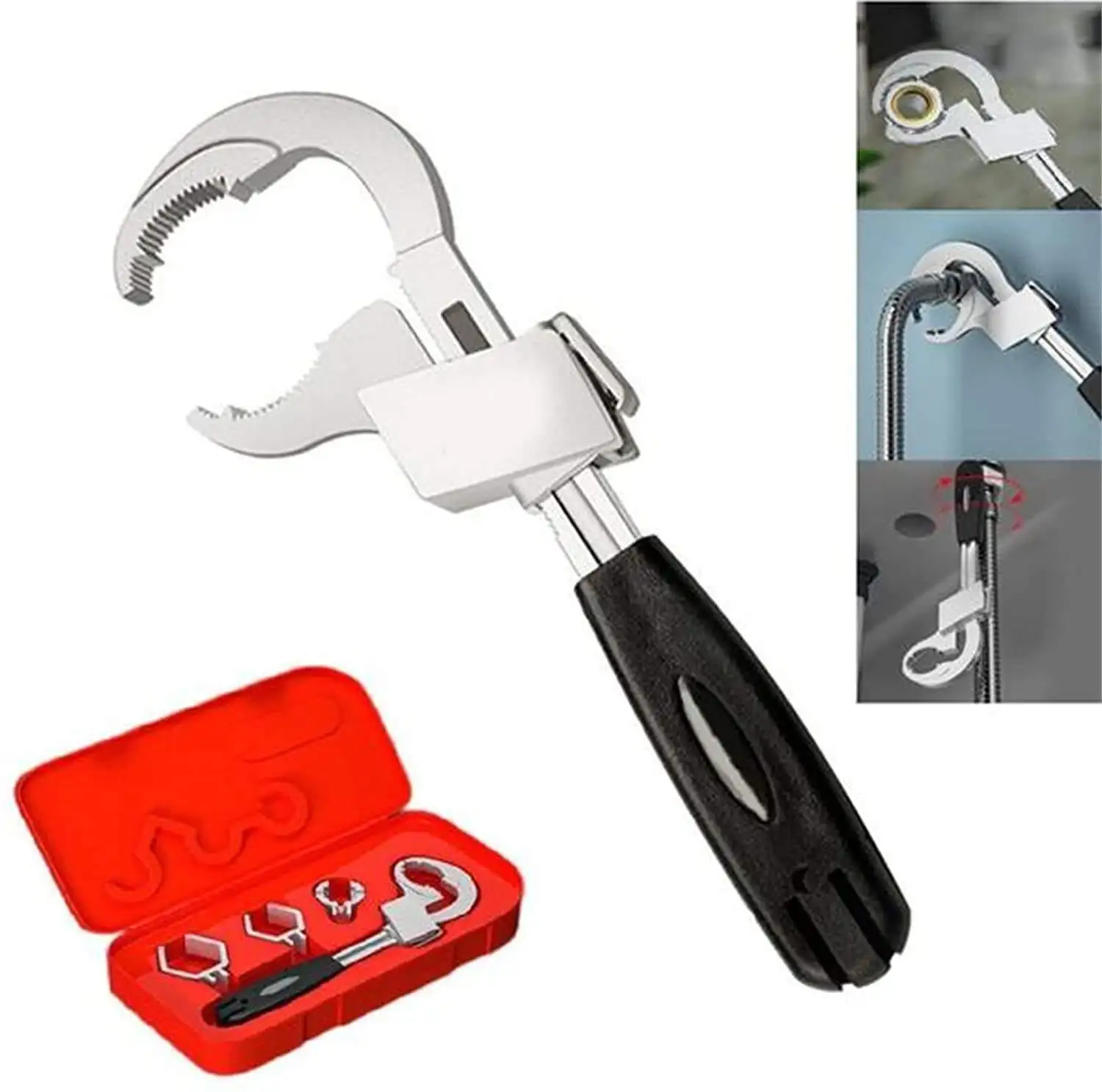 4-in-1 Universal Adjustable Double-ended Wrench Sink Spanner Set with 3 Card Slots Universal Sewer Water Plumbing Repair Tools