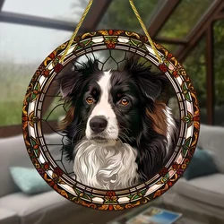 Border Collie Stained Glass Window Hanging Suncatcher,Round Acrylic Sign for All Seasons Decor,Wreath,Porch,Garden,Home,Office