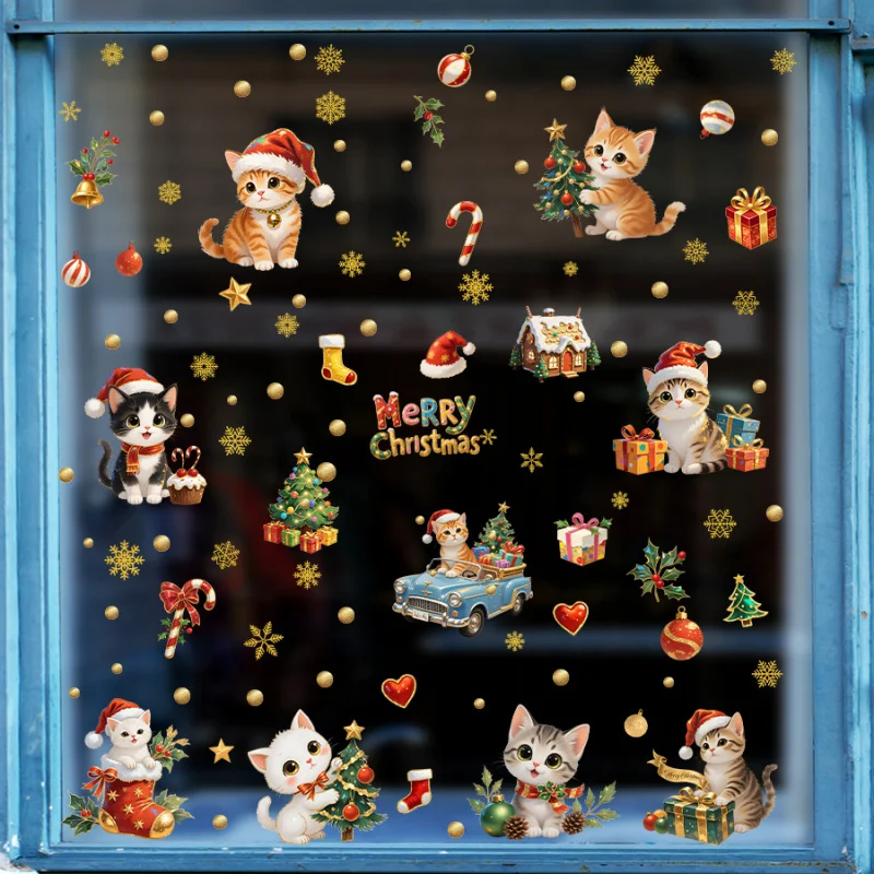 

Cute Christmas Party Static Cling Sticker Christmas Holiday Cat Glass Window Stickers Decoration Self-Adhesive Removable