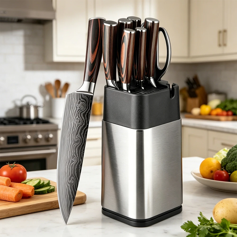 XITUO 8-Piece Kitchen Knife Set with Stainless Steel Knife Block & Scissors – Laser Damascus Pattern Blades Cooking Tool