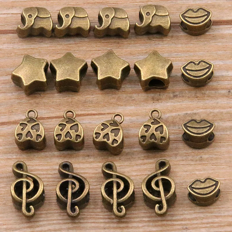 20Pcs 5 Styles Antique Bronze Elephant Hearts Lips Stars Spacer Bead Charms For Diy Beaded Bracelets Jewelry Handmade Making