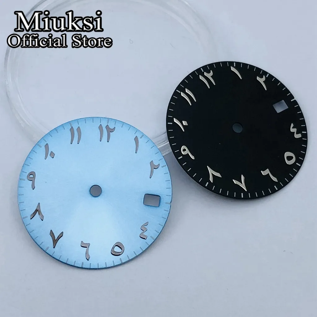 Miuksi 28.5mm silver black blue green sterile watch dial fit NH34 NH35 movement fit 3 o\'clock crown 3.8 o\'clock crown