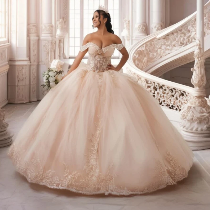 

Pink Quinceanera Dresses Off The Shoulder Applique Lace Beads Bow Tull Corset Party Birthday Sweet 16 Dres Vestidos 15 anos