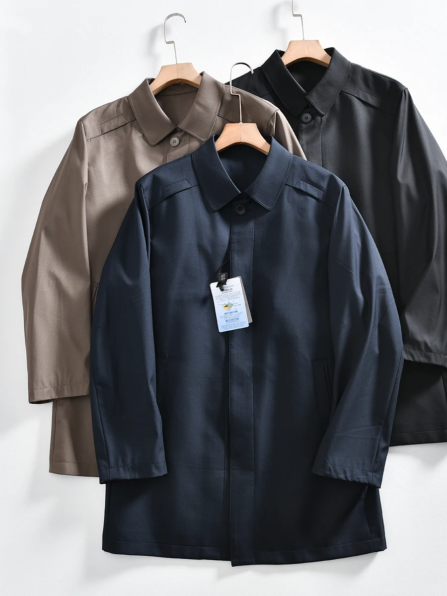 

Men's Mid-Length Breathable Waterproof Administrative Style Polyester Fiber Windbreaker Coat Pure Color Flip Collar Fashion U...