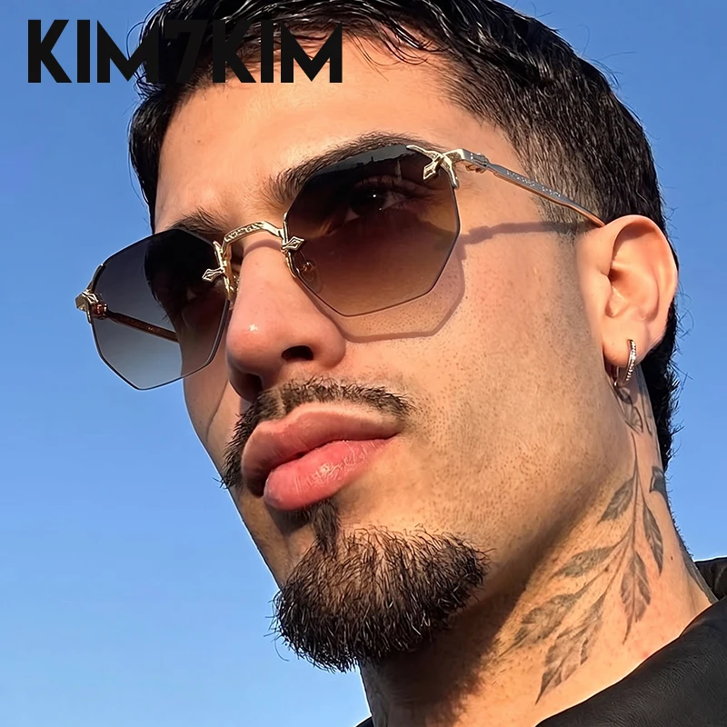 Steampunk Rimless Octagon Sunglasses Men 2026 Luxury Brand Retro Polygon Frameless Sun Glasses Metal Frame Eyewear UV400 Shades