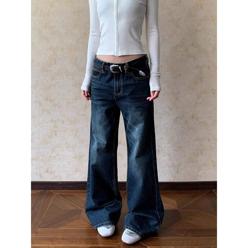 Japanese 2000s Style Women's Autumn Blue Gothic Jeans Vintage Harajuku Y2k Baggy Long Jean Pants Oversize Denim Trousers Clothes