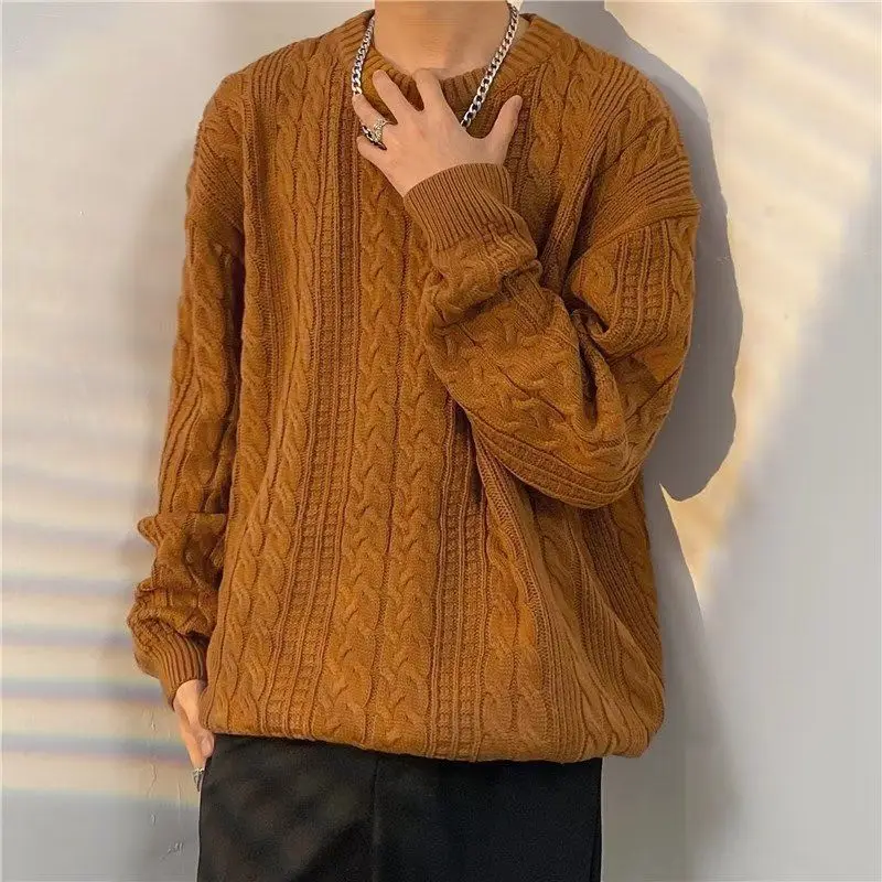 

Vintage Basic Solid Color Sweaters Autumn Winter New Casual Knitted Men's Clothing Hong Kong Style O-Neck Long Sleeve Pullovers