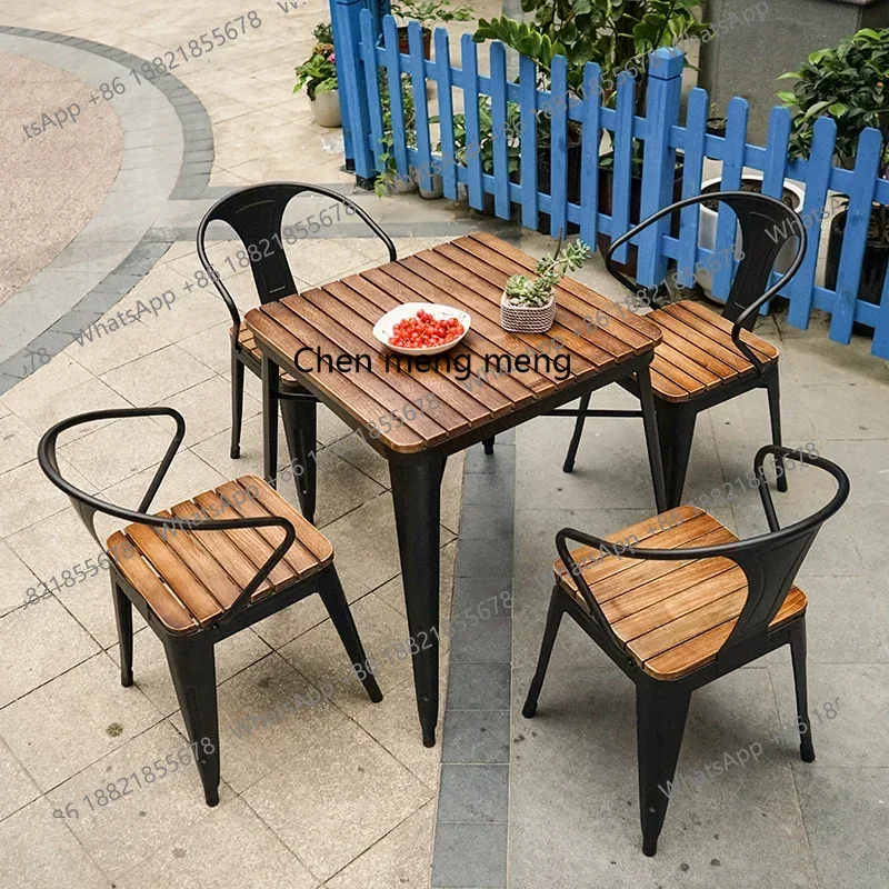 

American Wrought Iron Solid Wood Outdoor Simplicity Occasional Table and Chair Balcony Tea Shop Restaurant Striped