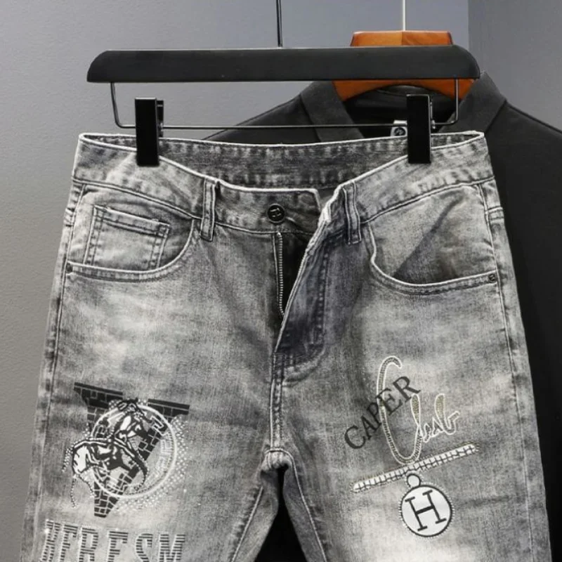 Gray Male Denim Shorts Graphic Selvedge with Text Baggy Men\'s Short Jeans Pants Wide Jorts Korean Fashion Summer Thin Trend 2024