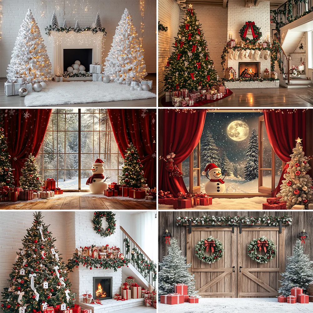 

Christmas Backdrop White Trees Mirror Fireplace Silver Candles Lantern Wooden Floor Beige wall Background Photo Studio