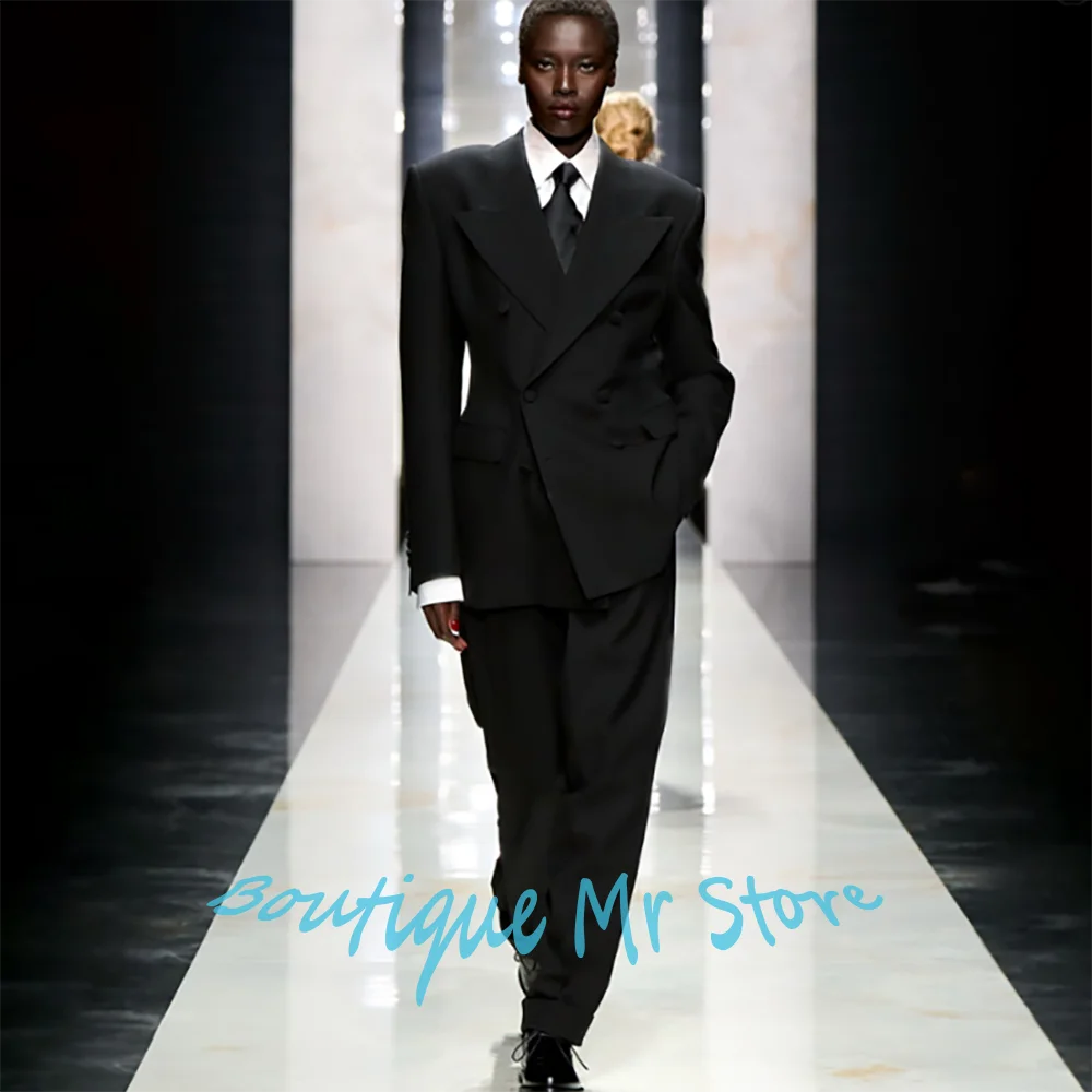 

Unisex Black Wide Lapel Double-Breasted Women's Suit Formal 2 Pieces Jacket+Pants Set Evening Party Female Outerwears