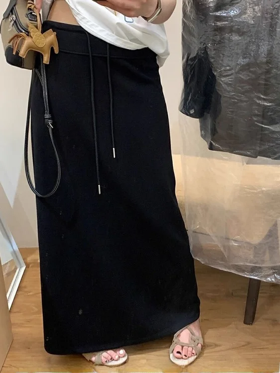 Retro Versatile Belted Half Skirt Women's 2025 New Early Autumn Elastic Waist Straight Cut Slimming Grey Wrap Skirt Women