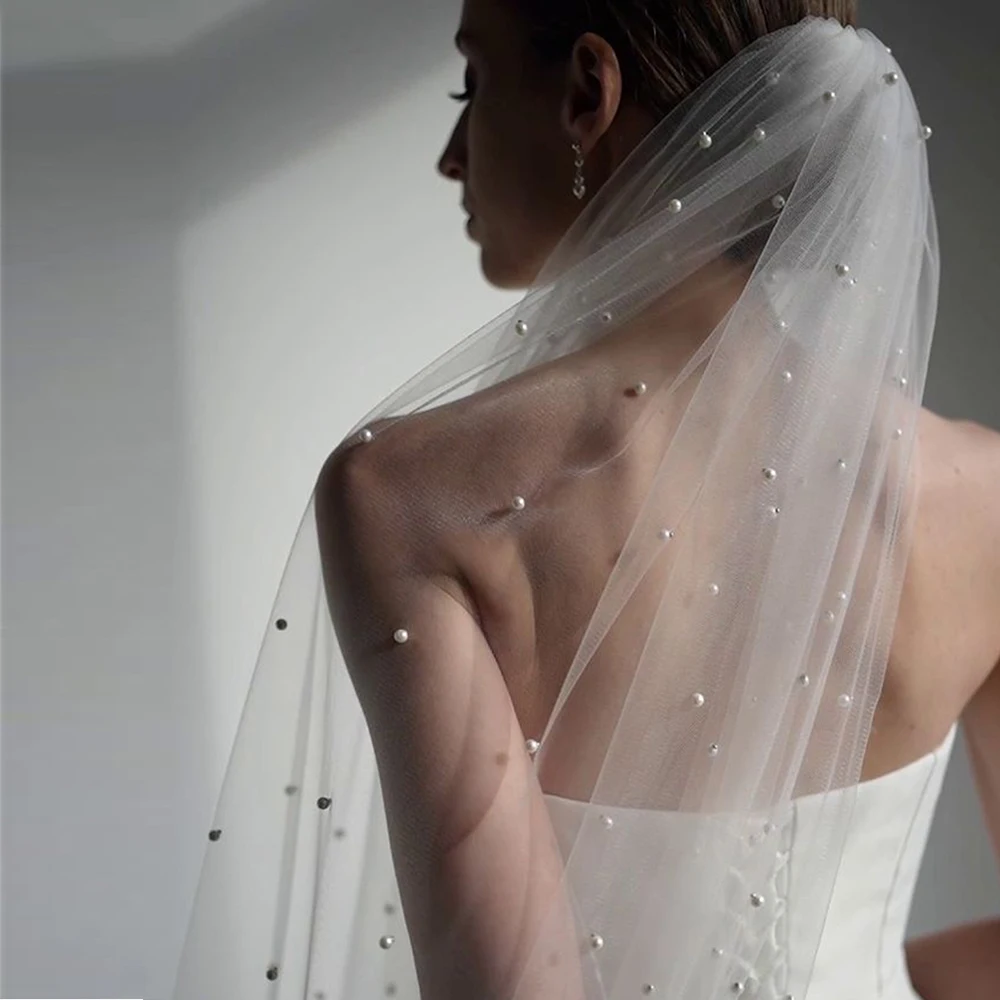 ผ้าคลุมหน้าเจ้าสาวแบบชั้นเดียว ผ้าทูลเนื้อนุ่ม ผ้าคลุมหน้าเจ้าสาวสำหรับงานแต่งงาน ขนาด 100 ซม. 200 ซม. 300 ซม. สีขาว สีงาช้าง อุปกรณ์เสริมงานแต่งงาน ประดับมุกเย็บมือ รุ่น G05