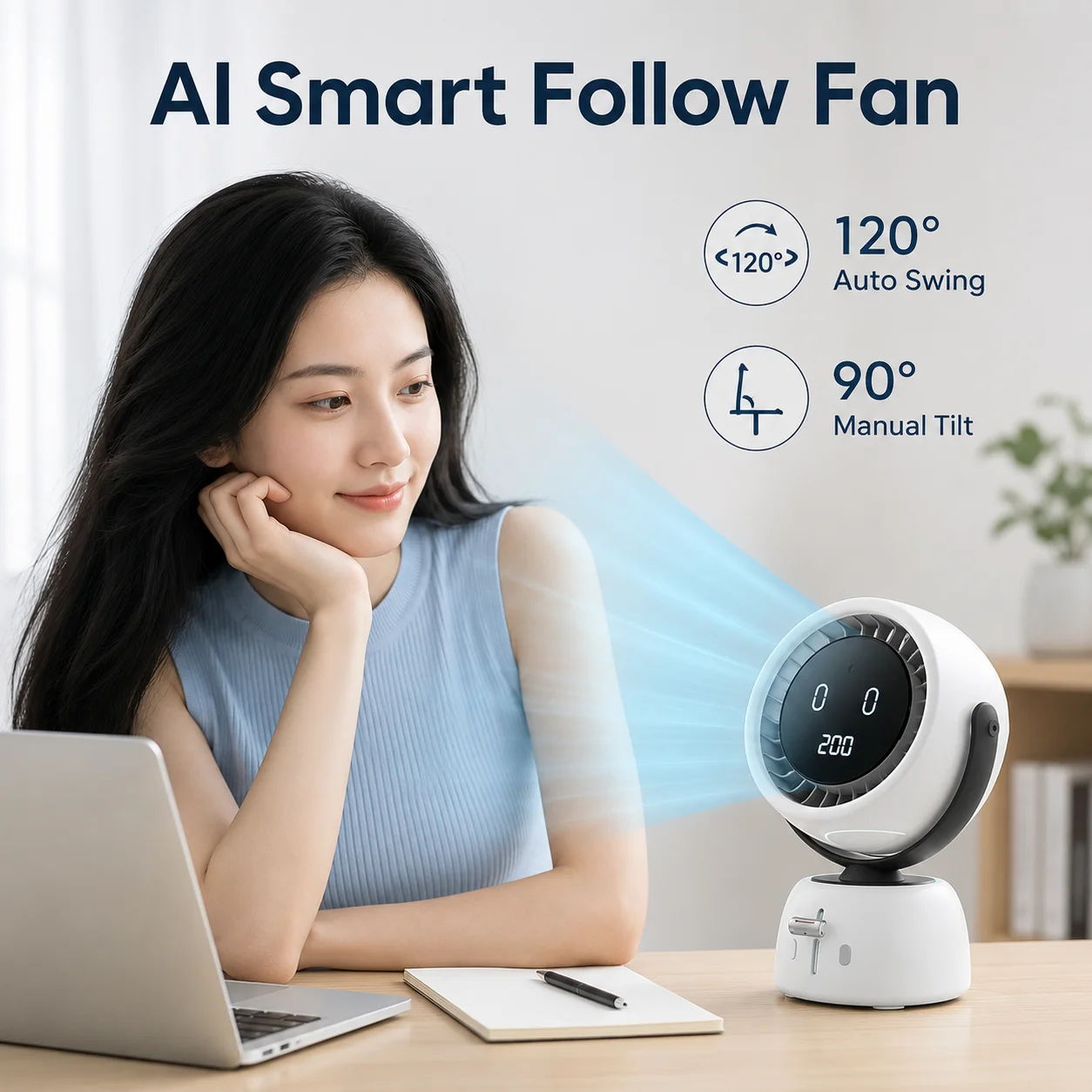 AI Face Tracking Desk Fan 200 Speed Stepless Control 5000mAh Rechargeable Quiet Oscillating Desktop Fan with LED Display