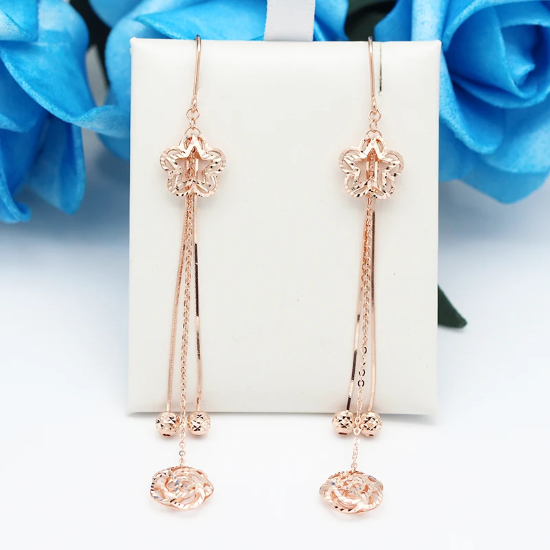 585 purple gold plated 14K rose gold earrings for women elegant hollow flower tassel fashion wedding jewelry for girlfriend gift