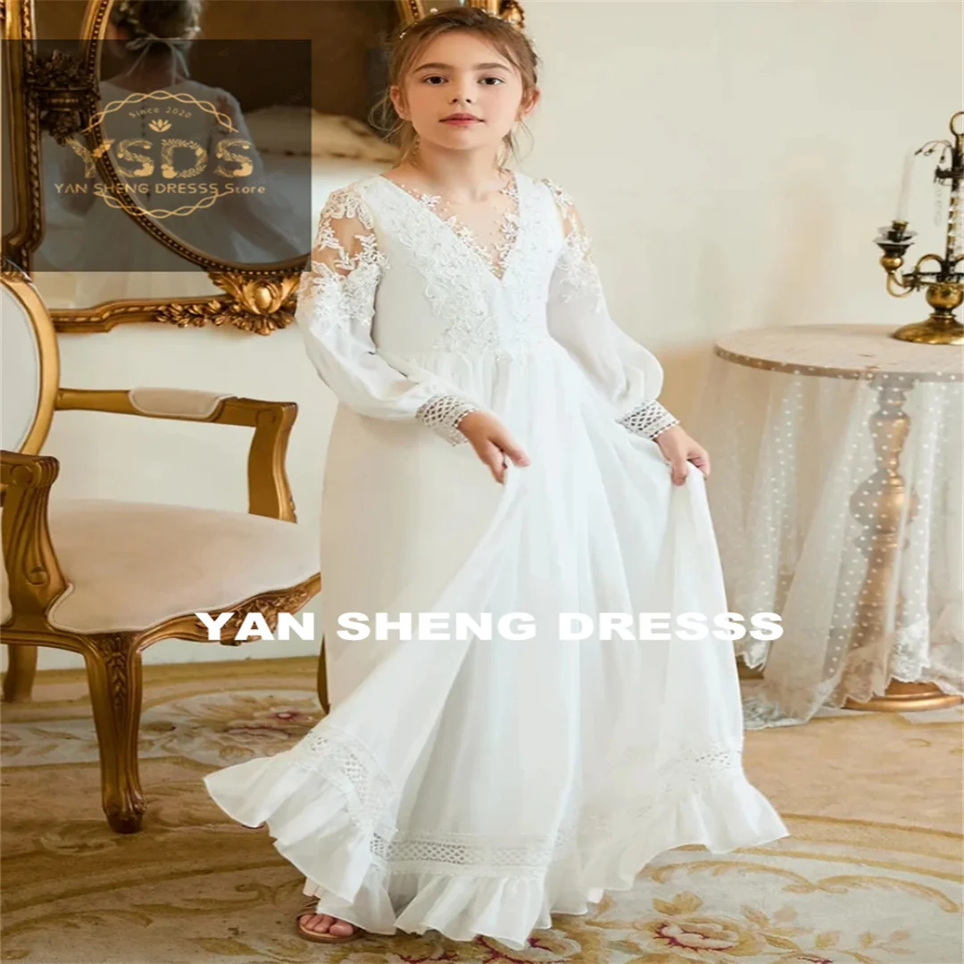 Customized Flower Girl Dresses White Tulle Lace Appliques With Bow Long Sleeve For Wedding Birthday Party First Communion Gowns