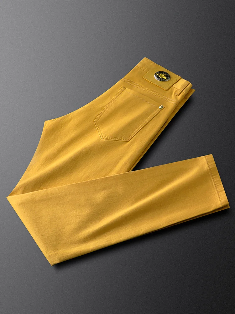 

Yellow Slim Fit Straight Leg Men's Jeans Faionable Casual Pants for Commuting And Busin Cotton Polyester Blend Denim