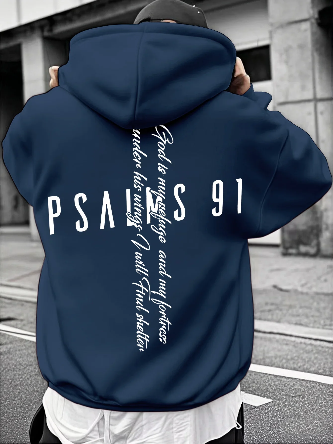 Religious Belief Men Hoodie Psalms 91 Inspirational Verse Back Print Autumn Winter Fleece Lined Loose Casual Hooded Sweatshirt