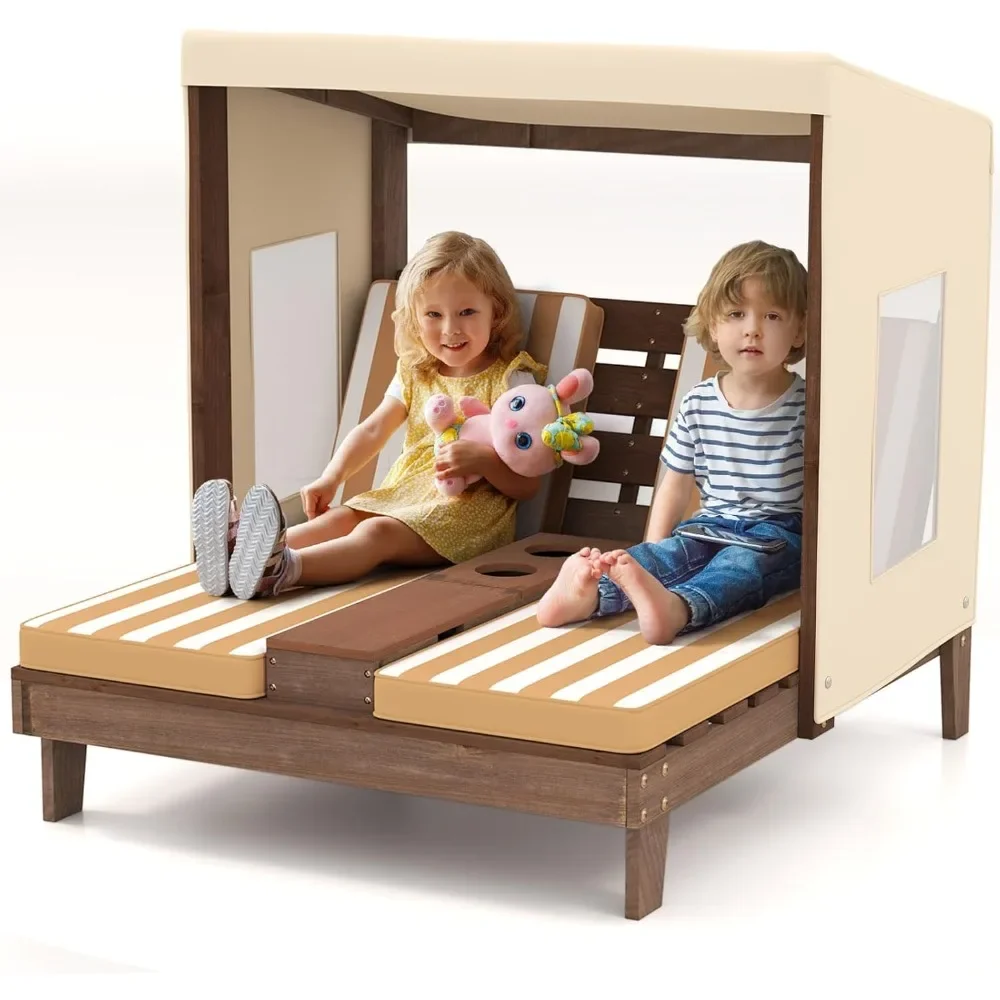 

Kids Chaise Lounge Chair Outdoor, Toddler Wood Double Pool Lounger Chairs w/Canopy, Cup Holders, Removable Stripped Fabric Cush