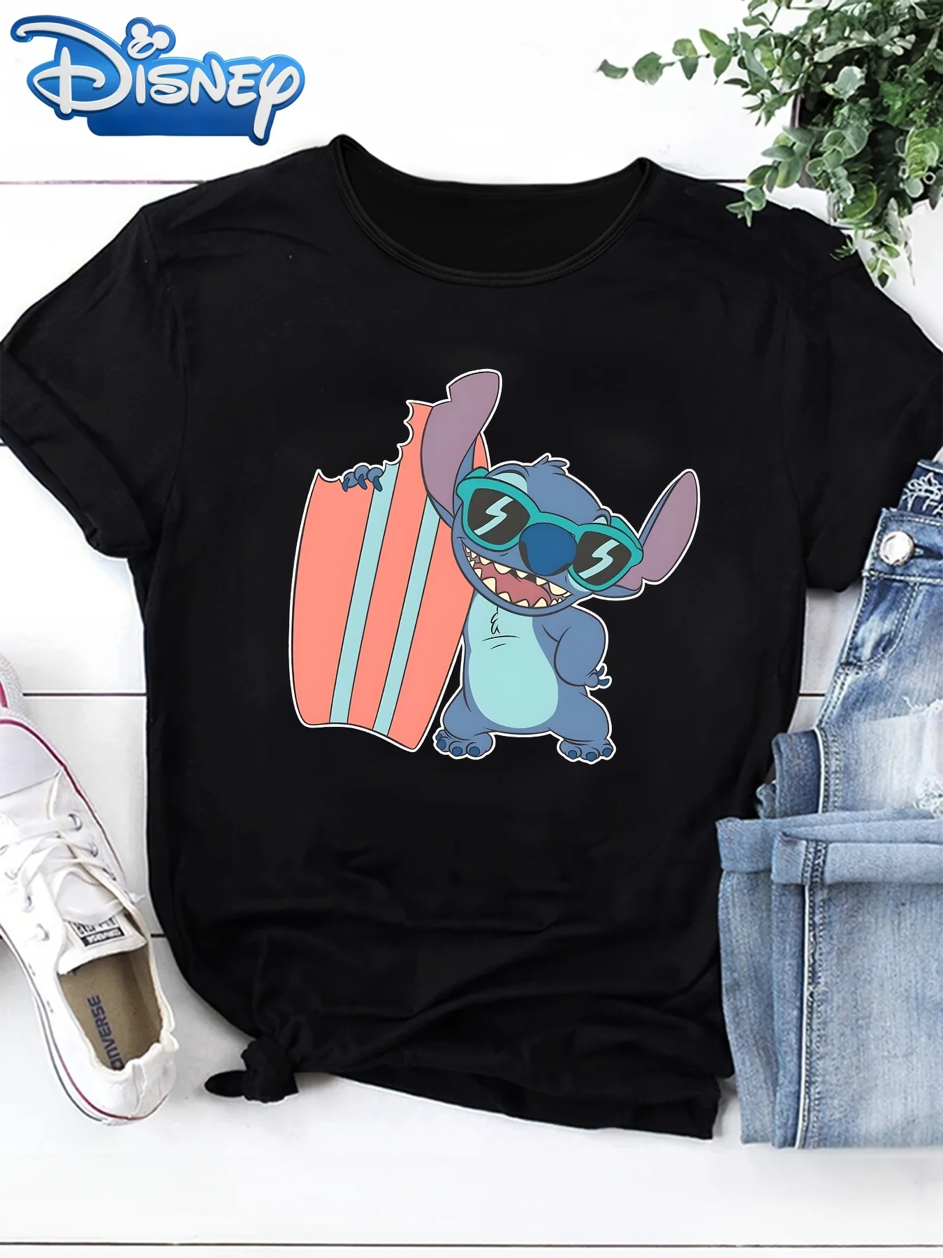 

Disney Women's Black Surfing Pattern T-shirt - Anime Style Casual Short Sleeve Top, Machine Washable, Fun Printed Shirt