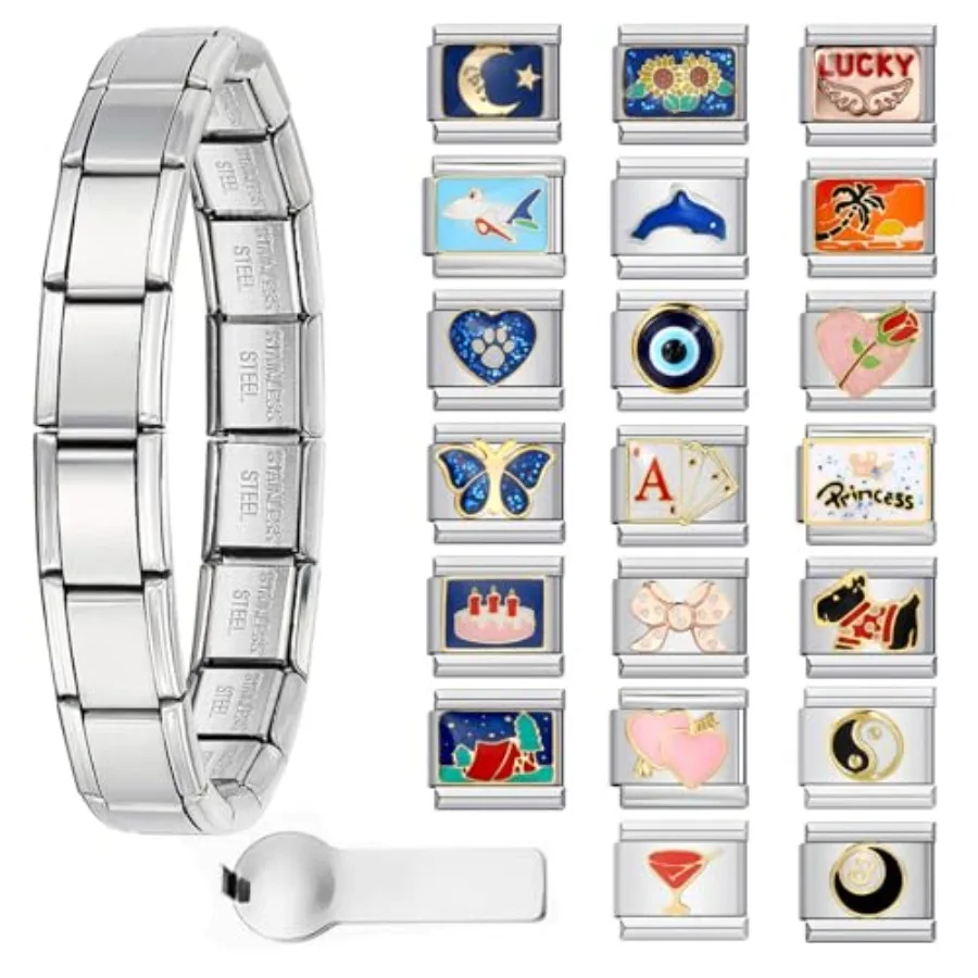 

Silver Gold Italian Charm Bracelet Sets with 1Pcs 6.75 inch Starter Brascelet, 20Pcs Charms Pack and Opening Tools, 9mm Italian
