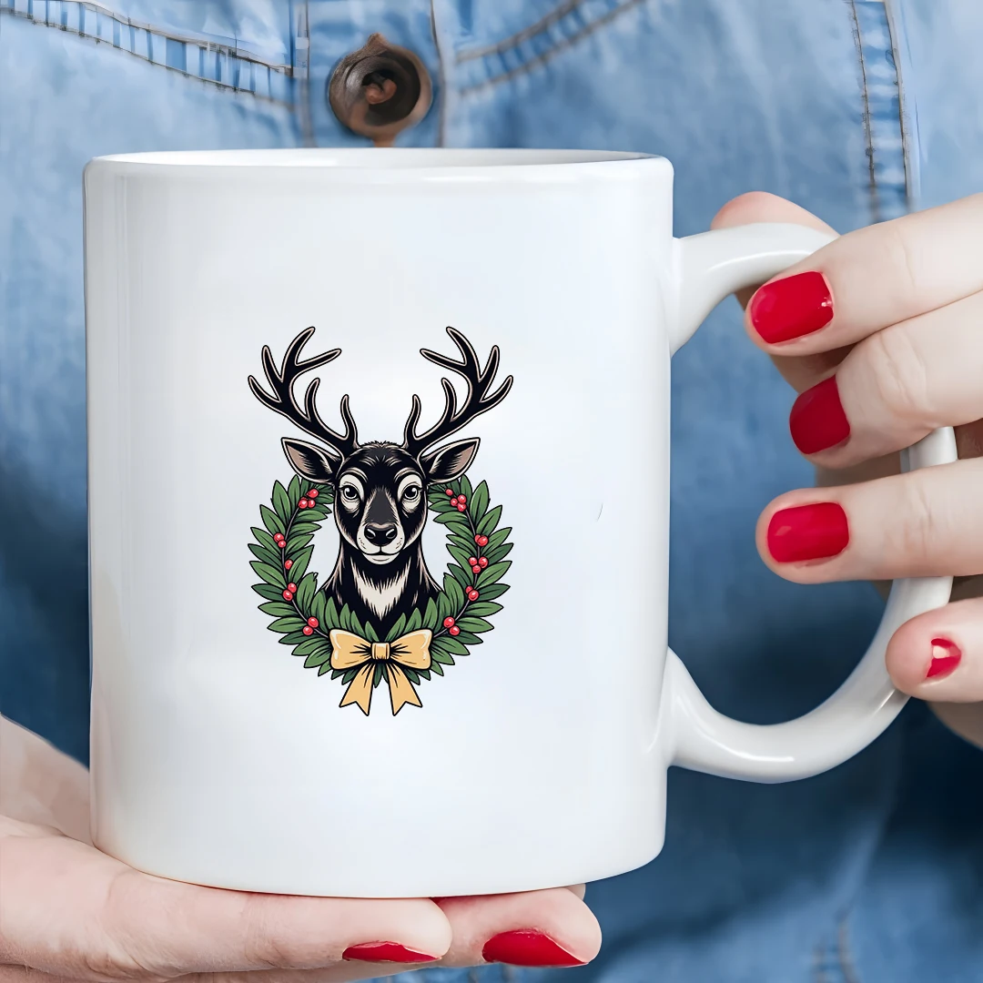 

11oz Deer Head Retro Illustration Cup Kids Cold & Hot Beverage Cup Christmas Gift Family Office Cup