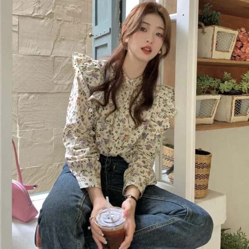 Camisa Floral de manga larga otoño nuevo francés dulce mujer Top suelto