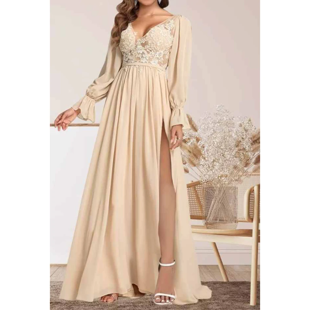 

Women's Chiffon Dresses V-Neck Long Sleeve Backless Floor-Length Dresses for Beach Banquet Cocktail Party Prom Holiday